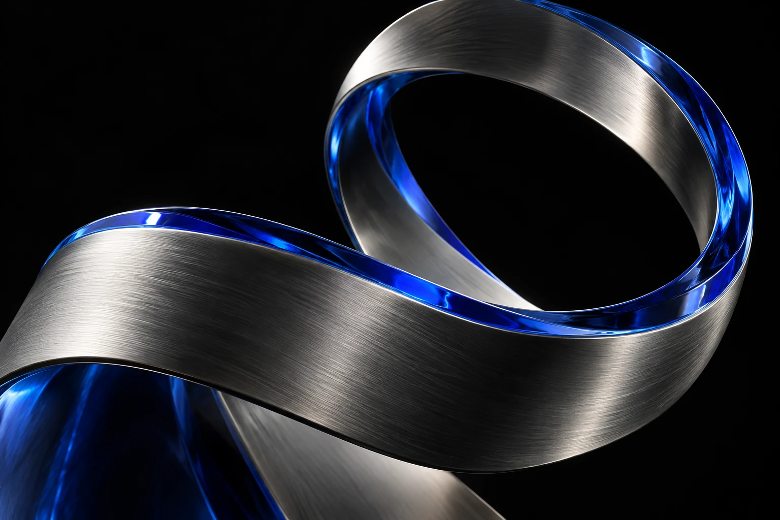 Abstract titanium ribbon with a cobalt blue edge, rising in a continuous loop